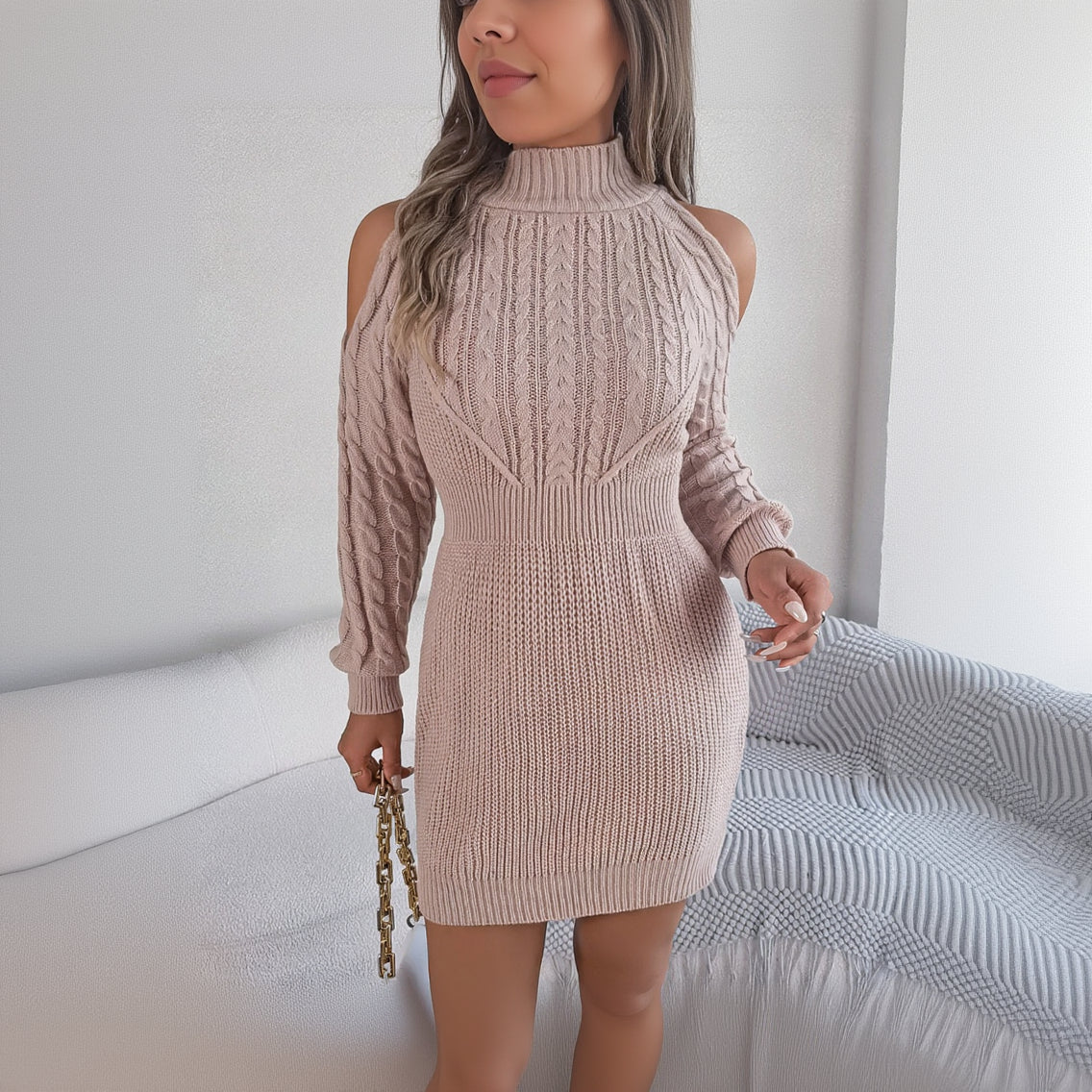 Robe en Maille Ajustée à Col Montant pour Femme