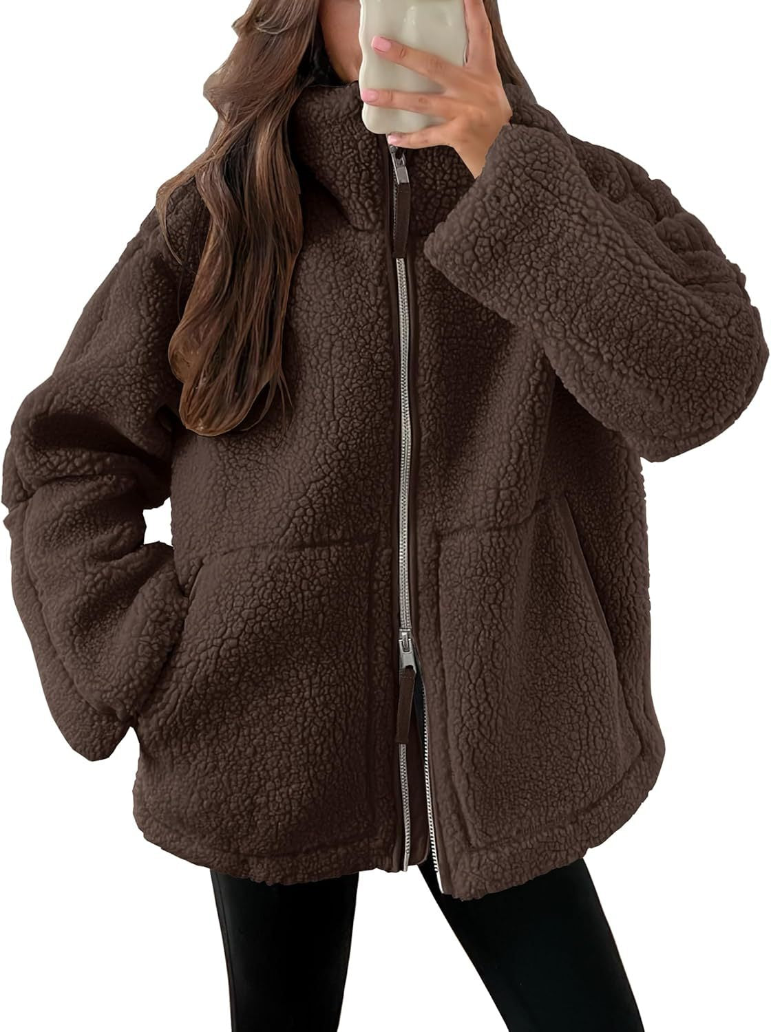 Manteau d'hiver à fermeture éclair et poches, veste polaire unie décontractée, vêtements pour femmes à manches longues pour l'automne et le printemps
