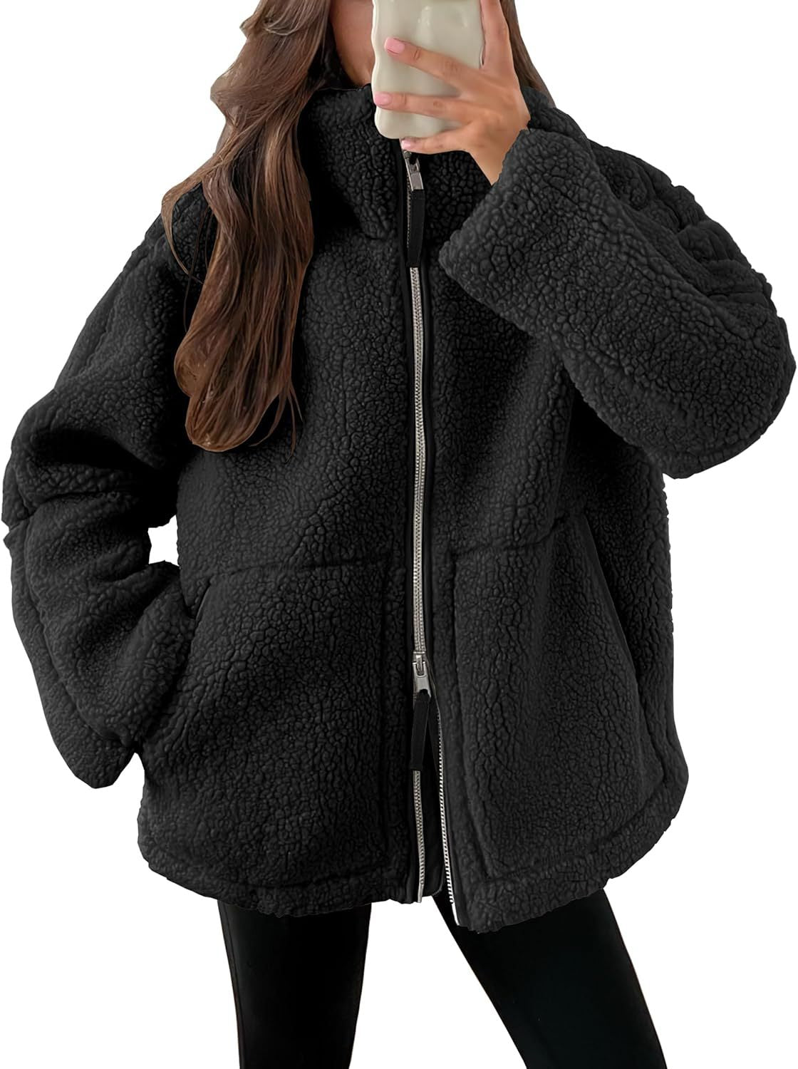 Manteau d'hiver à fermeture éclair et poches, veste polaire unie décontractée, vêtements pour femmes à manches longues pour l'automne et le printemps