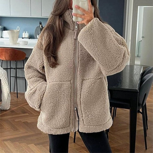 Manteau d'hiver à fermeture éclair et poches, veste polaire unie décontractée, vêtements pour femmes à manches longues pour l'automne et le printemps