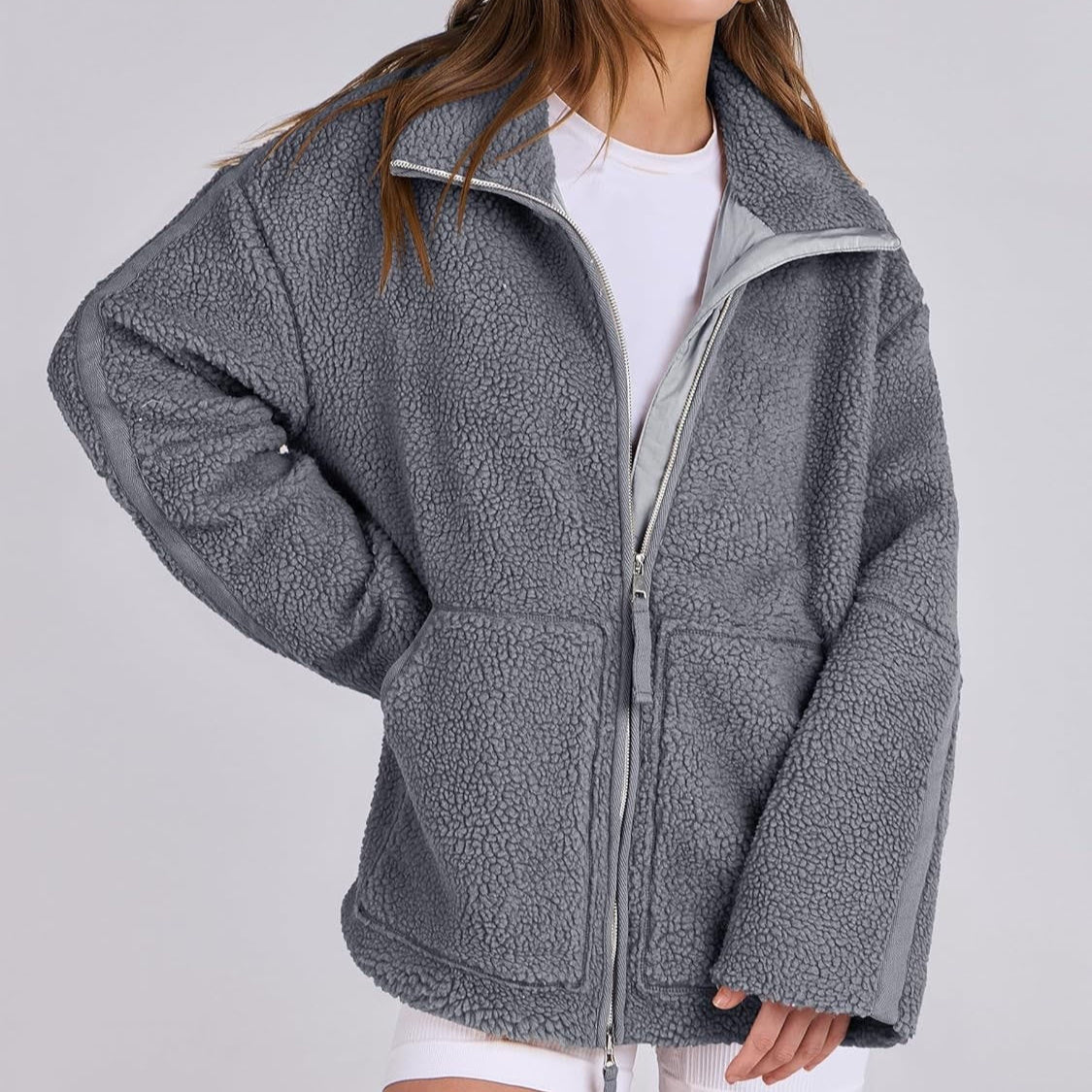 Manteau d'hiver à fermeture éclair et poches, veste polaire unie décontractée, vêtements pour femmes à manches longues pour l'automne et le printemps