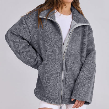 Manteau d'hiver à fermeture éclair et poches, veste polaire unie décontractée, vêtements pour femmes à manches longues pour l'automne et le printemps