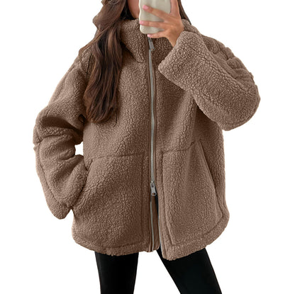 Manteau d'hiver à fermeture éclair et poches, veste polaire unie décontractée, vêtements pour femmes à manches longues pour l'automne et le printemps