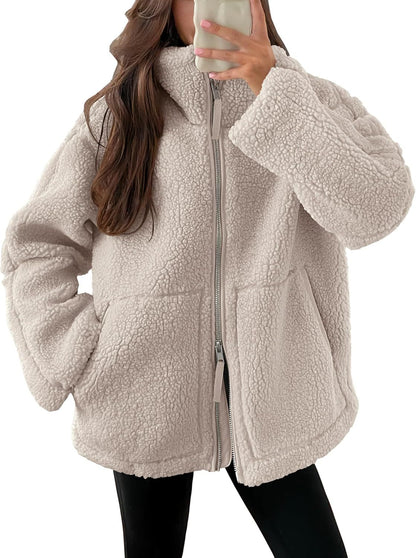 Manteau d'hiver à fermeture éclair et poches, veste polaire unie décontractée, vêtements pour femmes à manches longues pour l'automne et le printemps