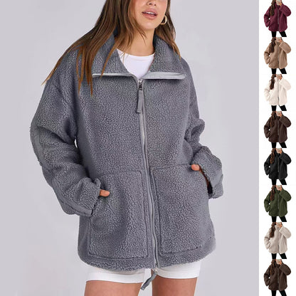 Manteau d'hiver à fermeture éclair et poches, veste polaire unie décontractée, vêtements pour femmes à manches longues pour l'automne et le printemps